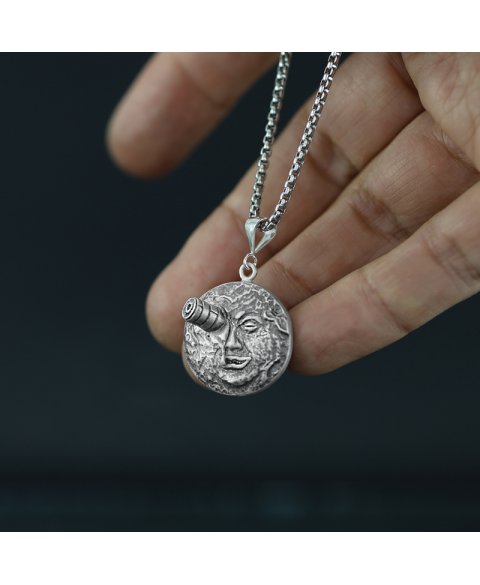 Sterling silver moon and rocket pendant